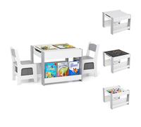 DREAMADE 4 en 1 Ensemble Table et Chaises pour Enfants, Table d'Activités en Bois avec Tableau Noir Réversible, Etagères, Gris