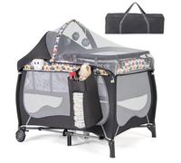 DREAMADE 4 en 1 Lit Parapluie Bébé 102x72x74CM avec Matelas&Moustiquaire Lit de Voyage Tout-Petites 0-3 Ans avec Porte-Couche,Roue Verrouillable,Table à Langer,Boîte à Musique,Charge 15KG (Éléphant)