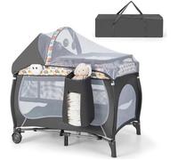 DREAMADE 5 en 1 Lit Bébé avec Table à Langer, Lit Parapluie avec Matelas & Moustiquaire, 3 Jouets Mignons & Boîte à Musique, Coloré