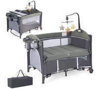 DREAMADE 5 en 1 Lit Bébé Lit Parapluie Pliable Berceau avec Matelas, Table à langer, Boîte à Musique, Jouets Suspendus, Gris