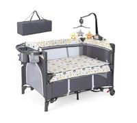 DREAMADE 5 en 1 Lit Bébé Lit Parapluie Pliable Berceau avec Matelas, Table à langer, Boîte à Musique, Jouets Suspendus, ours