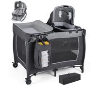 DREAMADE 5 en 1 Lit Parapluie Bébé 105,5 x 74 x 77 cm, Lit Cododo pour 0-36 Mois avec Matelas, Parc Pliable avec Couffin & Table à Langer & Sac de Transport & Roues Verrouillables (Gris)