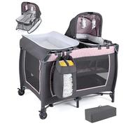 DREAMADE 5 en 1 Lit Parapluie Bébé 105,5 x 74 x 77 cm, Lit Cododo pour 0-36 Mois avec Matelas, Parc Pliable avec Couffin & Table à Langer & Sac de Transport & Roues Verrouillables (Rose)