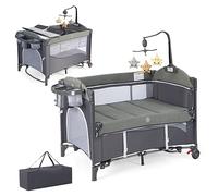 DREAMADE 5 en 1 Lit Parapluie Bébé 110x76x82CM avec Matelas Lit Cododo Tout-Petites 0-9Mois avec Hauteur Réglable,Bascule 5-10°,Roues avec Freins,Boîte à Musique (Gris)