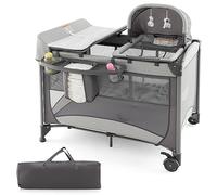 DREAMADE 5 en 1 Lit Parapluie Bébé 110x78x78CM avec Matelas&Berceau Amovible Lit de Voyage Bébé 0-3 Ans avec Porte-Couche,Table à Langer,roulettes avec Freins (Gris)