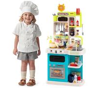 DREAMADE 54PCS Jeu de Cuisine pour Enfants avec Son, Lumières, Effets de Vapeur et d'Ébullition, Robinet d'eau avec Débit d'eau Réel, Accesoires Complets pour 3 +Ans (Bleu Clair)