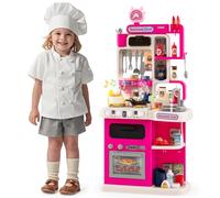 DREAMADE 54PCS Jeu de Cuisine pour Enfants avec Son, Lumières, Effets de Vapeur et d'Ébullition, Robinet d'eau avec Débit d'eau Réel, Accesoires Complets pour 3 +Ans (Fuchsia)