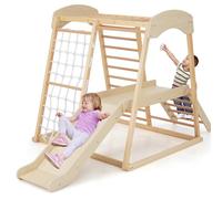 DREAMADE 6 en 1 Jeu d'escalade Intérieur, Aire de Jeu en Bois avec Portique, Toboggan, Corde et Échelles, Jeu Montessori avec Ancrages Métalliques pour 1 an+ (Naturel)