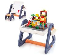 DREAMADE 6 en 1 Table Rotative Enfant 3+Ans avec Chaise et Plateau Blocs Amovible, Chevalet Double Face, 160 Blocs, 2 Boîtes de Rangement, 6 Marqueurs, Gomme, Tableau Charge 75KG