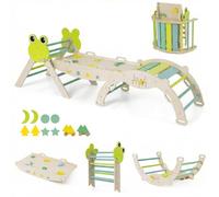 DREAMADE 7 en 1 Triangle Arche d'escalade Montessori en Bois Hêtre, Jeux d'escalade Pliable pour Enfants, Parcours Motricité Bébé avec Rampe & Échelle, Charge Max. 50kg (Grenouille,Vert)