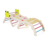 DREAMADE 8 en 1 Triangle Arche d'escalade Montessori en Bois Hêtre, Jeux d'escalade Pliable pour Enfants, Parcours Motricité Bébé avec Rampe & Échelle, Charge Max. 50kg (Grenouille,Multicolore)