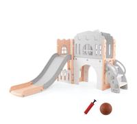 DREAMADE 9 en 1 Toboggan Enfant, Toboggan en Forme de L avec Panier de Basket, Télescope, Volant, Allée, Tunnel et Espace de Rangement, Aire de Jeux Intérieur pour Bébés 1 an+ (Rose)