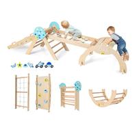 DREAMADE 9 en 1Triangle d'escalade Montessori en Bois Astronaute, Filet, Arche d’Escalade Pliable Éducative pour Enfants, Aire de Jeux Bébé pour Salon, Chambre, Maternelle (Naturel)