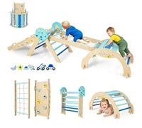 DREAMADE 9 en 1Triangle d'escalade Montessori en Bois Astronaute, Filet, Arche d’Escalade Pliable Éducative pour Enfants, Aire de Jeux Bébé pour Salon, Chambre, Maternelle (Bleu)