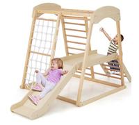 DREAMADE Aire de Jeu d'Escalade en Bois 6 en 1 avec Toboggan Corde et Échelles Ancrages Métalliques pour Enfant 1 an+, Naturel