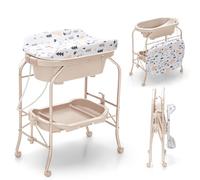 DREAMADE Baignoire Bebe avec Support Pliable,Baignoire Bébé sur Pied avec Table à Langer,4 Roues Universelles Verrouillables,Charge 35 KG (Beige)