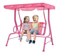 DREAMADE Balancelle de Jardin 2 Places pour Enfants,Balançoire Exterieur Enfant en Acier avec Auvent d’Inclinaison,Support en Métal,Ceintures de Sécurité,Charge 80 kg (Rose)