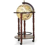 DREAMADE Bar Globe Terrestre Mappemonde,Casier/Support à Vin/Bouteilles en Bois avec 3 roulettes,Design Vintage pour Salon,Chambre,Cuisine,Restaurent,Bar (Beige, 44X44X88CM)