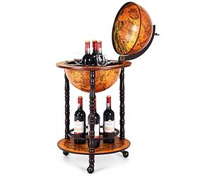 DREAMADE Bar Globe Terrestre Mappemonde, Support à Vin Mobile en Bois avec 3 roulettes, Porte Bouteilles Design Vintage pour Salon,Chambre,Cuisine,Restaurent,Bar (Marron, 47X47X88CM)