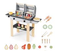 DREAMADE Barbecue Enfant en Bois, Ensemble de Jouet de Cuisine avec 2 Grils et Couvercles Rabattables, Fenêtres Transparentes, Accessoires Inclus, Rangement Intégré, Jeu d’Imitation pour 3 Ans+
