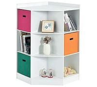 DREAMADE Bibliothèque d'Angle Enfant à 3 Niveaux Meuble de Rangement Garçon et Fille avec 3 Tiroirs en Tissu,Dispositif Anti-basculement Étagère pour Jouets,Livres,Chambre,Salle de Jeux, Salon (Blanc)