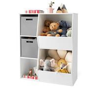DREAMADE Bibliothèque d'angle Enfant à 3 Niveaux Meuble de Rangement Garçon et Fille avec Tiroirs en Tissu,Dispositif Anti-basculement Étagère pour Jouets,Livres,Chambre,Salon (5 Casiers,Blanc+Gris)