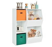 DREAMADE Bibliothèque d'angle Enfant à 3 Niveaux Meuble de Rangement Garçon et Fille avec Tiroirs en Tissu,Dispositif Anti-basculement Étagère pour Jouets,Livres,Chambre,Salon (Blanc, 5 Casiers)