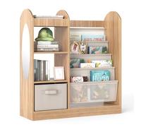 DREAMADE Bibliothèque Enfant, Étagère de Rangement pour Jouets, 3 Crochets et Tiroir Amovible, Étagère Montessori avec Miroir, pour Chambre, Salle de Jeux (Naturel)