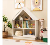 DREAMADE Bibliothèque Enfants à 3 Niveaux,Coffre à Jouets avec 5 Compartiments Ouverts&Kits Anti-Basculement,Étagère de Rangement Forme de Maison,88x34x108CM (Blanc)