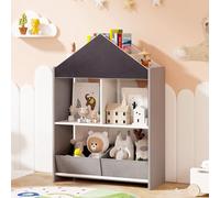 DREAMADE Bibliothèque Enfants en Bois avec Tableau Noir/Blanc,Coffre à Jouets avec 4 Compartiment&2 Tiroirs&Kits Anti-Basculement,Étagère de Rangement Forme de Maison,63x27x90CM (Gris)