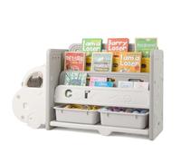 DREAMADE Bibliothèque Enfants en HDPE,Coffre à Jouets Forme de Voiture avec Étagère à Livres à 3 Niveaux,2 Boîtes,Meuble de Rangement pour Chambre d'enfant,Salle de Jeux,Bureau