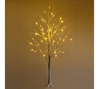 DREAMADE Bouleau Artificiel Blanc 120CM avec 48 Lampes à LED Pré-installées Lumière Blanche Chaude, Arbre de Noël en PVC avec Base Plastique, Décoration de Fêtes pour Intérieur