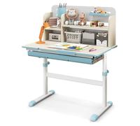 DREAMADE Bureau Enfant 2 Niveau avec Plateau Inclinable&Hauteur Réglable,Table d'Étude Ergonomique avec Bibliothèque&Tiroir&,Bureau d'Ecriture Fille Garçon,Charge 100KG (4 Compartiments,Bleu)