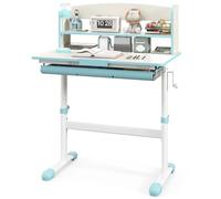 DREAMADE Bureau Enfant 2 Niveau avec Plateau Inclinable&Hauteur Réglable,Table d'Étude Ergonomique avec Bibliothèque&Tiroir&,Bureau d'Ecriture Fille Garçon,Charge 100KG (2 Compartiments,Bleu)