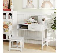 DREAMADE Bureau Enfant avec Chaise Ergonomique, Table Enfant et Chaise en Bois de Pin avec Compartiment Ouverte, Tiroir, Table d'Activités Garçons Filles 3+ Ans pour Apprendre, Écrire (Blanc)