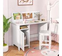 DREAMADE Bureau Enfant en Bois avec Chaise Ergonomique,Table d'Etude et Chaise Enfants avec Étagère,Tableau Blanc,Tableau d'Affichage,Marqueur,90x45x85,5CM (Blanc)