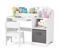 DREAMADE Bureau Enfant en Bois avec Chaise Ergonomique,Table d'Etude et Chaise Enfants avec Tiroir,Bac Amovible,Étagère Ouverte,Table d'Activités Garçons Filles (Blanc)