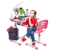 DREAMADE Bureau Enfant Ergonomique Multifonctionnel avec 1 Chaise, avec Lampe Repose de Livre Tiroir Coulissant, Hauteur Réglable Plateau Inclinable, Lire Écrire Dessiner (Rose)