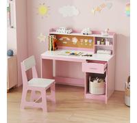 DREAMADE Bureau Enfants, Table d'Étude avec Chaise, Étagère, Tableau d'Affichage, Tiroir, Armoire pour Lecture, Dessin, Bricolage, pour Salon, Chambre d'enfant (Rose)