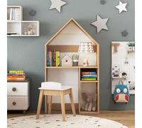 DREAMADE Bureau et Chaise Enfants en Bois avec Tableau Noir,Table d'Activités Enfants 3+Ans avec 2 Compartiment&Dispositif Anti-Basculement,Bibliothèque Enfants Forme de Maison avec Tabouret (Blanc)