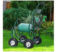 DREAMADE Chariot Arrosage Jardin en Métal avec Panier Dévidoir de Tuyau d'Arrosage à Roulettes 4 Roues 96 X 62 X 113 CM Vert