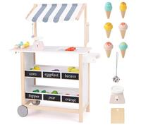 DREAMADE Chariot de Crème Glacée Enfants avec 6 Jouets à Cône,Stand de Marchand Enfants en Bois avec Etagère & Tableau Noir, Jeux d’Imitation & Educatifs,Balance et Sonnerie pour 3 an+ (Gris & Blanc)