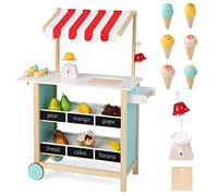 DREAMADE Chariot de Crème Glacée Enfants avec 6 Jouets à Cône,Stand de Marchand Enfants en Bois avec Etagère et Tableau Noir ,Jeux d’Imitation & Educatifs,Balance et Sonnerie pour 3 an+