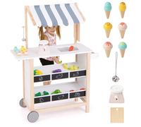 DREAMADE Chariot de Crème Glacée Enfants avec 6 Jouets à Cône,Stand de Marchand Enfants en Bois avec Etagère et Tableau Noir,Coloré