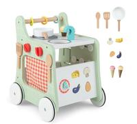DREAMADE Chariot de Marche en Bois Bébé 1+Ans,6 en 1 Trotteur Bébé avec Blocs & 9 Accessoires,Cube d'Activité Garçons Filles avec Jouet Thème de Cuisine (Vert)