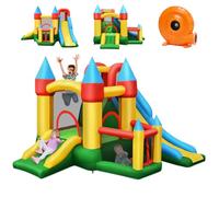 DREAMADE Château Gonflable avec 2 Toboggans, 330 x 300 x 210 cm, Charge Max. 135 kg, pour 3 Enfants 3-10 Ans, Aire de Jeux Extérieur avec Mur d'escalade, Gonfleur 680W Inclus