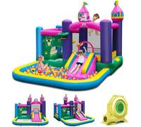DREAMADE Château Gonflable Enfant avec Souffleur 680W, Piscine, Toboggan, Panier de Basket, Structure Gonflable Intérieur Extérieur