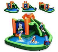 DREAMADE Château Gonflable pour Enfants 3-10 Ans, 370 x 300 x 190 cm, avec Toboggan et Pataugeoire, Filet de Sécurité & Pistolet à Eau & Cadre de Basket-Ball, Intérieur/Extérieur (Vert sans Gonleur)