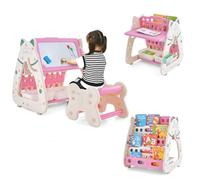 DREAMADE Chevalet d'Art 3 En 1 pour Enfants 1-5 Ans avec Tabouret, Tableau Effaçable à Sec Magnétique Double Face, Porte-Livre Multi Niveaux, Table et Chaise Réglables (Rose)