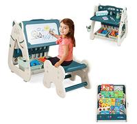 DREAMADE Chevalet d'Art 3 En 1 pour Enfants 1-5 Ans avec Tabouret, Tableau Effaçable à Sec Magnétique Double Face, Porte-Livre Multi Niveaux, Table et Chaise Réglables (Vert)